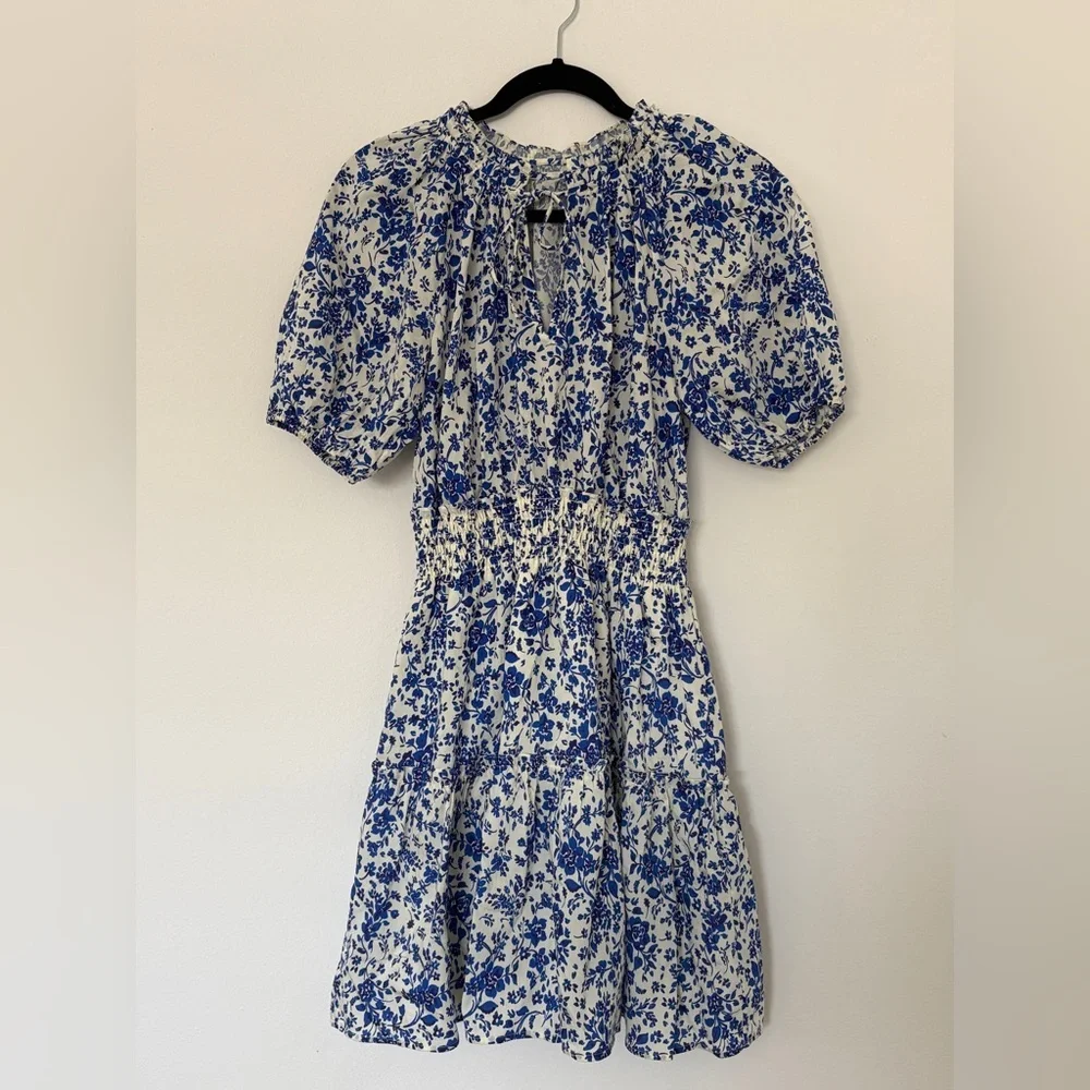 Rails Fiorella Dress Blue Marguerite Peplum Sleeves Shirred Waist Cottagecore